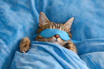 Cat sleeping in sleep mask lying in the bed. World Sleep Day concept. Rest and relax, daydreaming, healthy sleep, lazy day off concept. Cute cat in sleep bandage, wearing sleeping mask. - obrazy, fototapety, plakaty
