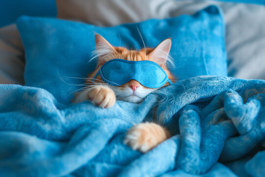 Cat sleeping in sleep mask lying in the bed. World Sleep Day concept. Rest and relax, daydreaming, healthy sleep, lazy day off concept. Cute cat in sleep bandage, wearing sleeping mask.
