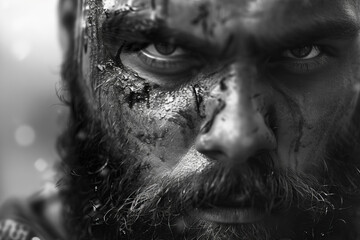 A ruthless gladiator, his face etched with battle scars, beard wild and untamed.