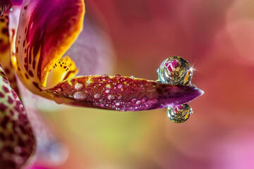 A water droplet on an orchid petal, reflecting the world upside down.