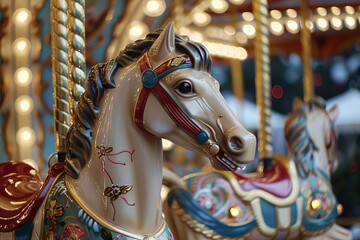 A whimsical carousel with intricately painted horses and twinkling fairy lights