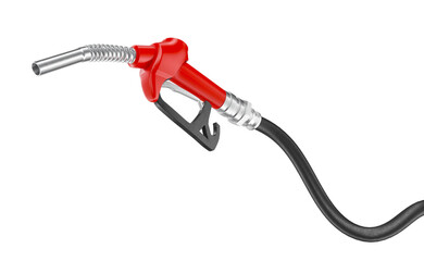 Gasoline pump nozzle in red in realistic 3d render with transparent background