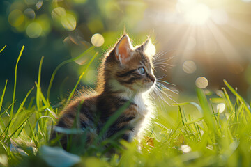 Cute little kitten sitting in the green grass in the sun. - 758287374