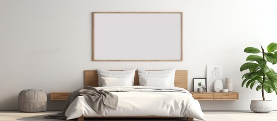 Modern style interior background with mock-up poster frame in light bedroom.