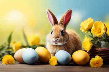 Easter bunny surrounded by colorful eggs and yellow flowers in the warm sunlight.