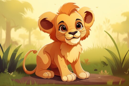 Cute cartoon lion cub in the nature