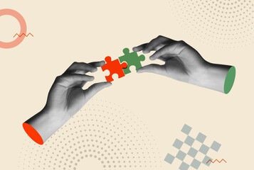 Hands holding puzzle pieces in 80s retro collage vector illustration