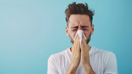 Man Sneezing and Blowing Nose with Tissue - obrazy, fototapety, plakaty