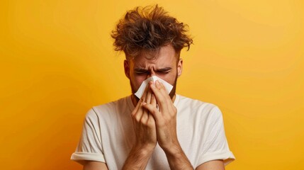 Man Sneezing and Blowing Nose with Tissue