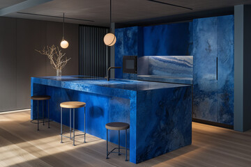 Modern Kitchen Interior with Vibrant Blue Island and Elegant Lighting
