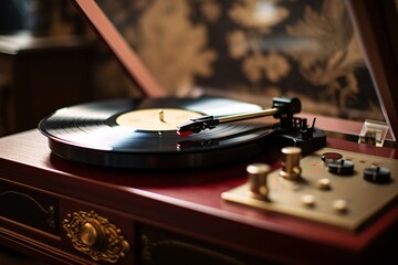 An intimate view of a vintage record player, its needle poised to bring music to life and fill the...