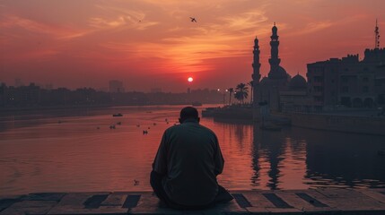 Muslim man praying at sunset