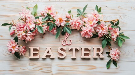 Spring Flowers with the Joyful Word "EASTER" on a Light Wooden Background
