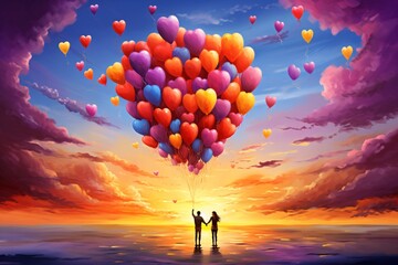 A vibrant painting depicting a couple's hands releasing colorful balloons into the sky