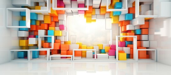 Abstract white interior made of colorful cubes with a window.