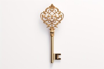 A golden key, its intricate design catching the light against the pure white background. The key is ornately decorated, and its symbolism evokes possibilities