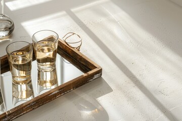 Aquavit Tradition, Light-Filled Glasses on Rustic Tray