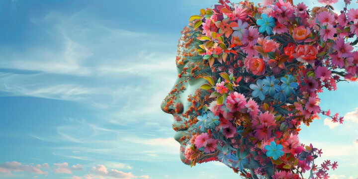 3d concept art face with flower illustration with free space for editing