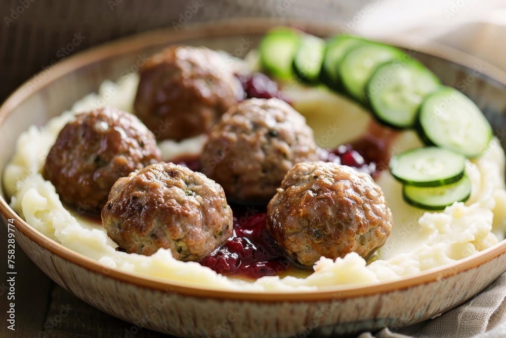 Wall mural Classic Swedish Meatballs with Mashed Potatoes and Lingonberry.