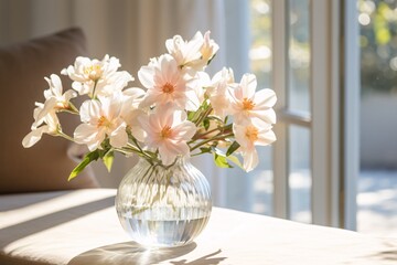 A detailed shot capturing the simplicity and elegance of a clear glass vase filled with freshly cut flowers, with sunlight streaming through the petals