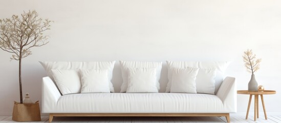 Minimalist white sofa in a Scandinavian-designed room.