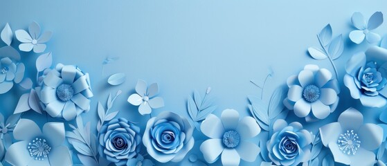 A blue background with a bunch of flowers on it. With empty space for text. Mother's day concept
