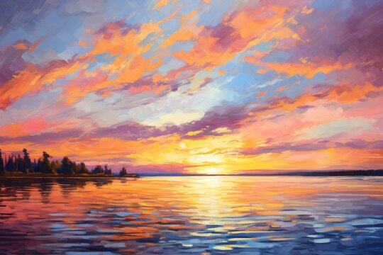 A detailed perspective showcasing the vibrant hues of a summer sunset, painting the sky with streaks of orange, pink, and gold