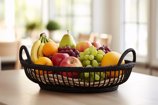 A decorative wicker fruit basket, its curved silhouette evoking images of bountiful harvests