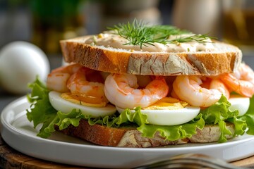 Open-Faced Shrimp Sandwich with Eggs, Lettuce, and Dill