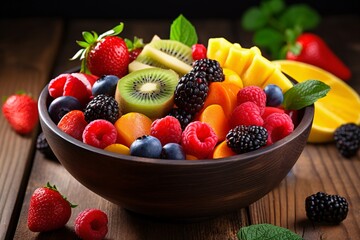 A close-up view of a colorful assortment of fresh fruits, arranged in a rustic bowl and ready to be enjoyed as a healthy and refreshing snack