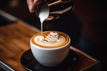 A close-up shot of a barista preparing a perfect latte art design on a freshly brewed cup of coffee, with frothy milk swirling into intricate patterns - obrazy, fototapety, plakaty