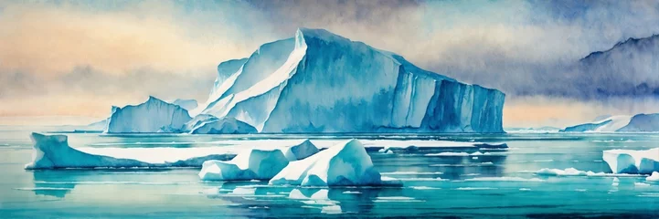 Gordijnen Watercolor antarctica or arctic ice panorama with icebergs, snow, ocean.  © vellot