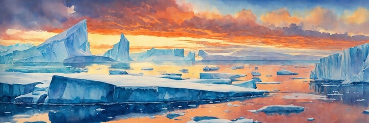 Watercolor antarctica or arctic ice panorama with icebergs, snow, ocean.
