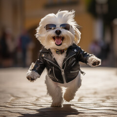 Adorable dog who wear wearing a leather jacket and glasses is jumping on the street with happiness...