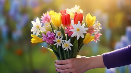 Woman Hand Holding Bunch of Spring Flowers Outdoors

