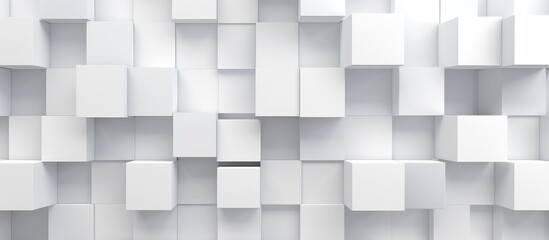 A 3D rendering of a facade featuring a pattern of white rectangular cubes on a grey floor. The...