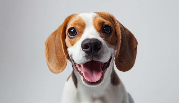 Portrait of a Beagle Sitting on a White Background with It's Tongue Out, Closeup