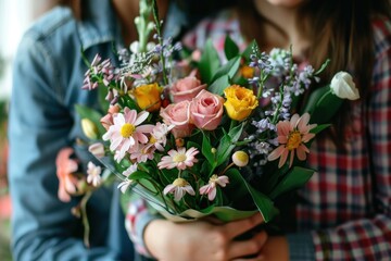 Two woman is holding a bouquet of flowers in her hand. The bouquet is a mix of pink and yellow flowers, and it is placed in a vase. The woman is wearing a blue and red shirt. Mother's day concept - Powered by Adobe