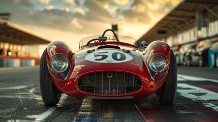 old retro racing car on the background of a racing track