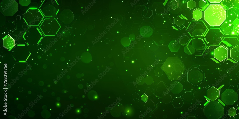 Poster A Green Hexagonal Pattern Glows, Reflecting the Intricacies of Cyber Technology and Science, Generative AI