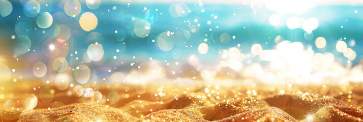 Closeup of sandy beach with turquoise sea background with bokeh lights. - 758291736
