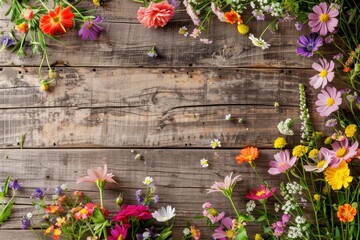Fototapeta na wymiar Garden flowers on wooden table background for mother's day. The flowers are a mix of different colors and types, creating a vibrant