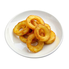 Bowl of fried onion rings isolated on transparent background,
