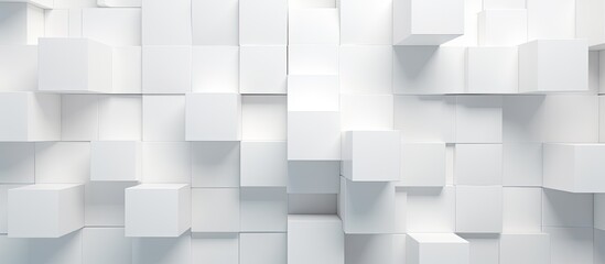 A rectangular wall constructed of white building materials resembles a grid of cubes with a grey shadow, creating a symmetrical pattern on the flooring