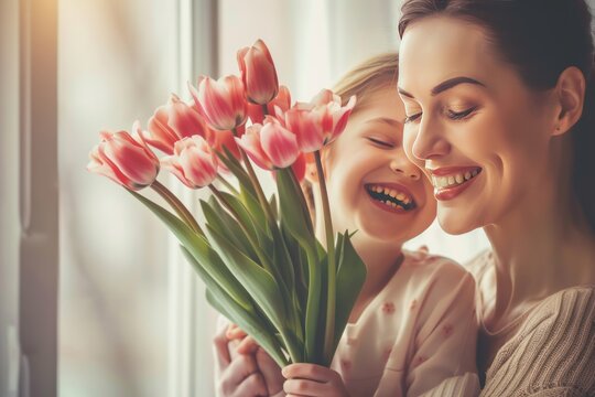 A woman and a child are holding a bouquet of pink flowers. Scene is happy and joyful. Mother's day concept