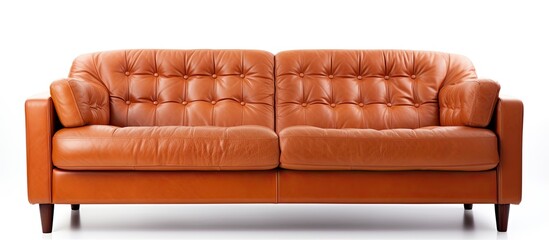 A comfortable brown leather couch, a piece of furniture, is elegantly placed on a white rectangular surface in a studio. The contrast of colors between the wood and brick gives a cozy vibe