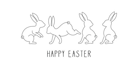 Happy Easter Minimalist Banner Vector, Simple Single Line Bunnies Design