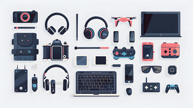  gadgets technologiques :un ordinateur portable, une tablette, une montre connectée, un drone, des écouteurs, un appareil photo numérique, une télévision intelligente et une console de jeux.