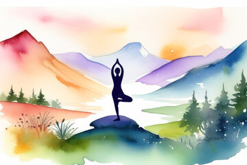 The girl is doing yoga against the background of nature - Mountains Forest and River. Drawing watercolor for the day of yoga. Free space in the photo for the inscription.