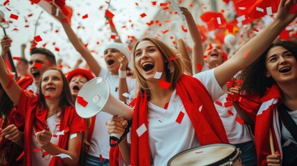 A cheerful group of individuals wearing red shirts are celebrating with confetti and a megaphone,...